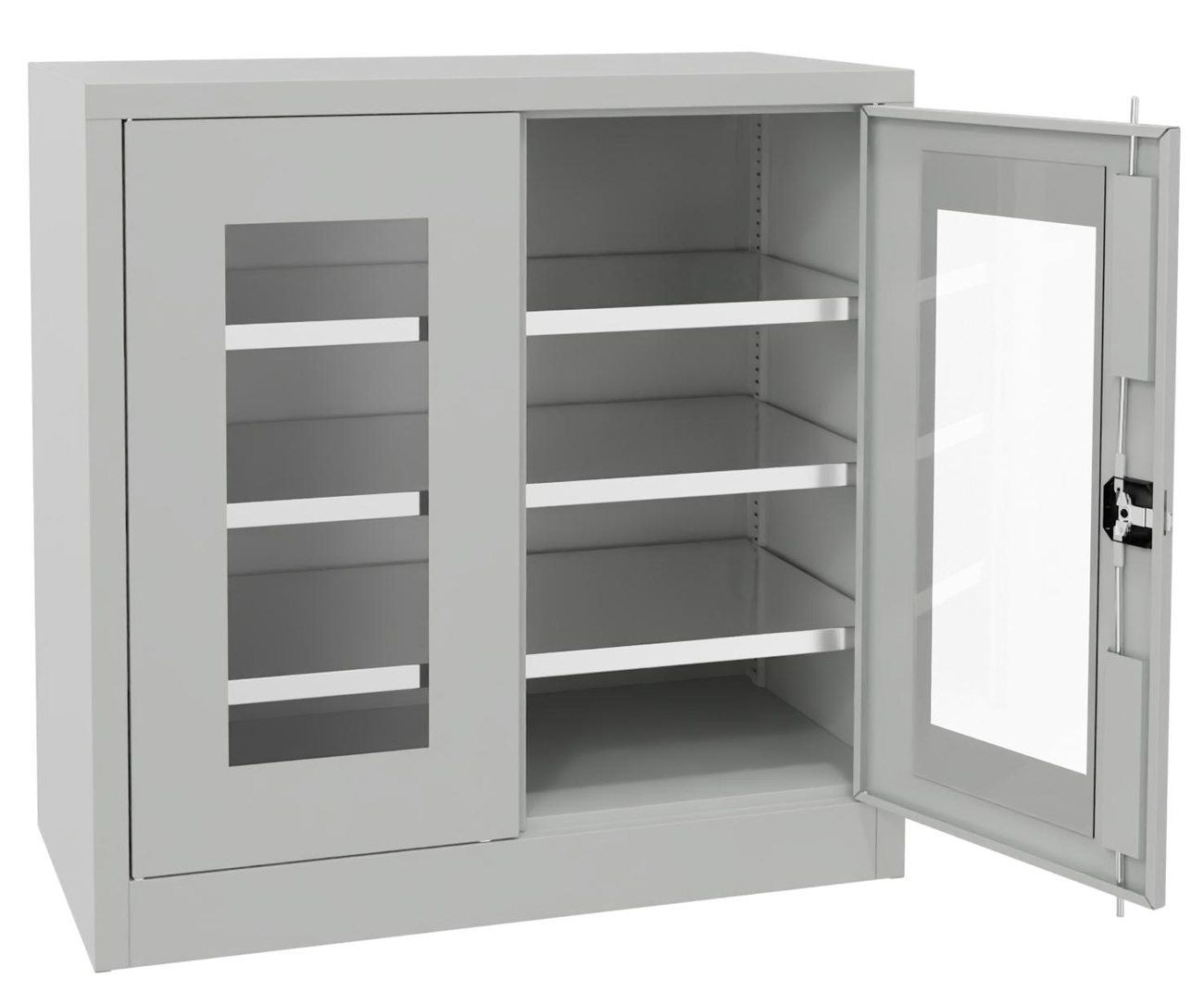 Pavoy Flügeltürenschrank mit Sichtfenstertüren 1000 x 1000 x 500 mm - 2 Fachböden verzinkt - RAL 7035 Stahlschrank mit Fachböden 983 x 465 mm - Korpus lichtgrau | Türen lichtgrau | Böden verzinkt (PA-31309-100-590-735) Bild-01