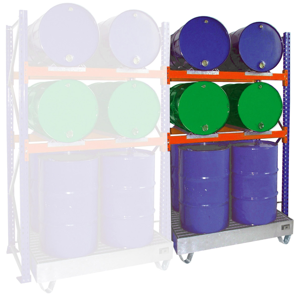 Bauer Fassregal Stahl Serie 3011 Anbaufeld 2500 x 1430 x 800 mm - 2E|AWGR 200 Gefahrstoffregal pulverbeschichtet - Lagerung 4 x 200 l stehend und 4 x 200 l Fass liegend - Auffangwanne verzinkt mit Gitterrost (BA-4473-12-0000-7) Bild-01