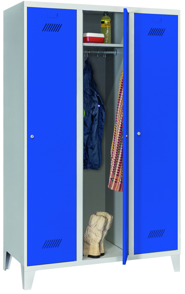 Pavoy Spind mit Füßen 1850 x 1200 x 500 mm - 3 Abteile mit Zylinderschloss - RAL 7035 | 5010 Garderobenschrank Stahl Fachbreite 400 mm mit Hutboden und Kleiderstange - Korpus lichtgrau | Türen enzianblau (PA-60201-314-031-735510) Bild-01