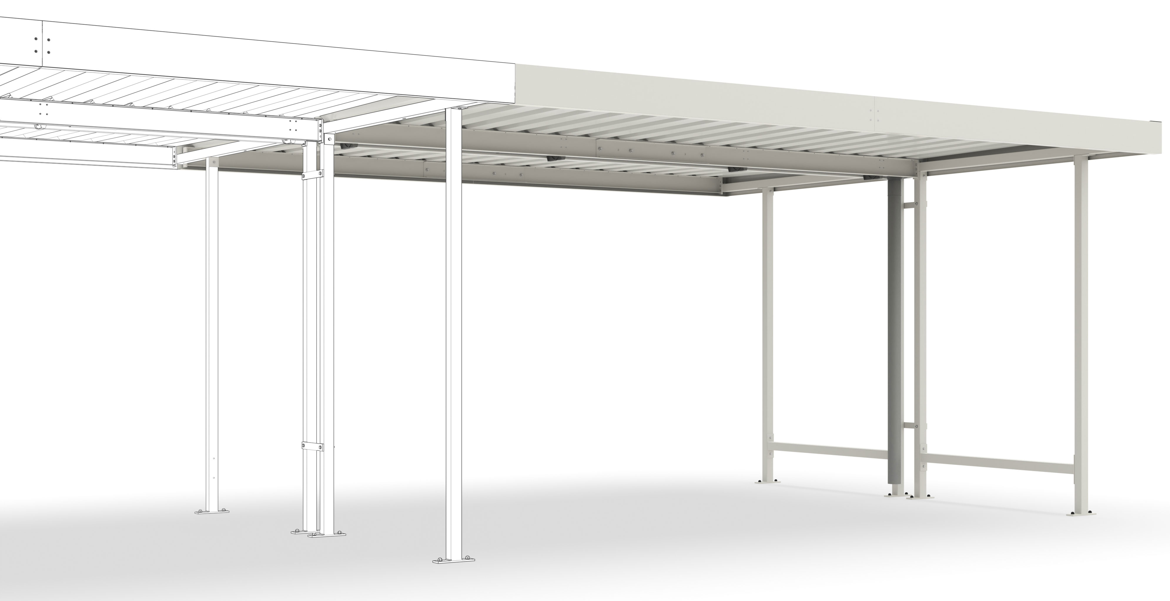 WSM Überdachung Leipzig doppelseitig - L45 Anbaueinheit Bausatz - RAL 9002 Unterstanderweiterung Stahl pulverbeschichtet grauweiß mit Trapezblechdach grauweiß - Fahrradunterstand Anbauelement ohne Wandelemente (WSM-102000093) Bild-01