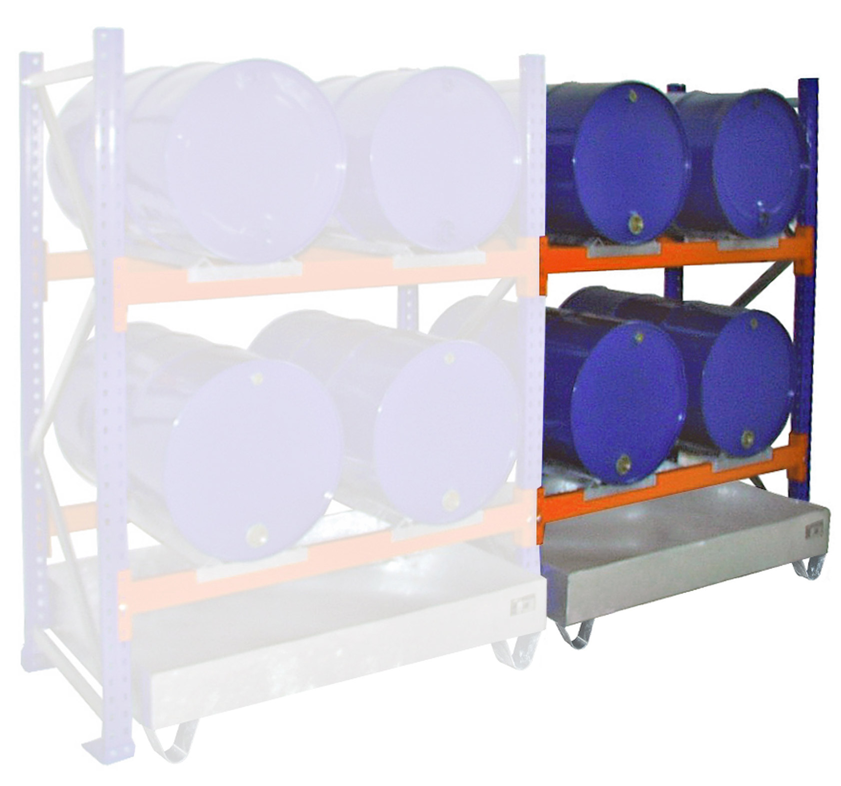 Bauer Fassregal Stahl Serie 3001 Anbaufeld 2000 x 1430 x 800 mm - 2E|AW 200 Gefahrstoffregal pulverbeschichtet - Lagerung 4 x 200 l Fass liegend - Auffangwanne verzinkt ohne Gitterrost (BA-4473-04-0000-7) Bild-01