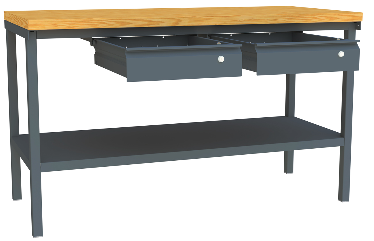 Pavoy Werktisch Modell 583 - 1500 x 700 x 900 mm | mit Ablageboden und 2 Schubladen - RAL 7016 Werkbank Stahl mit Multiplexplatte 40 mm | Traglast 1500 kg - Gestell anthrazitgrau (PA-58583-150-000-716) Bild-01