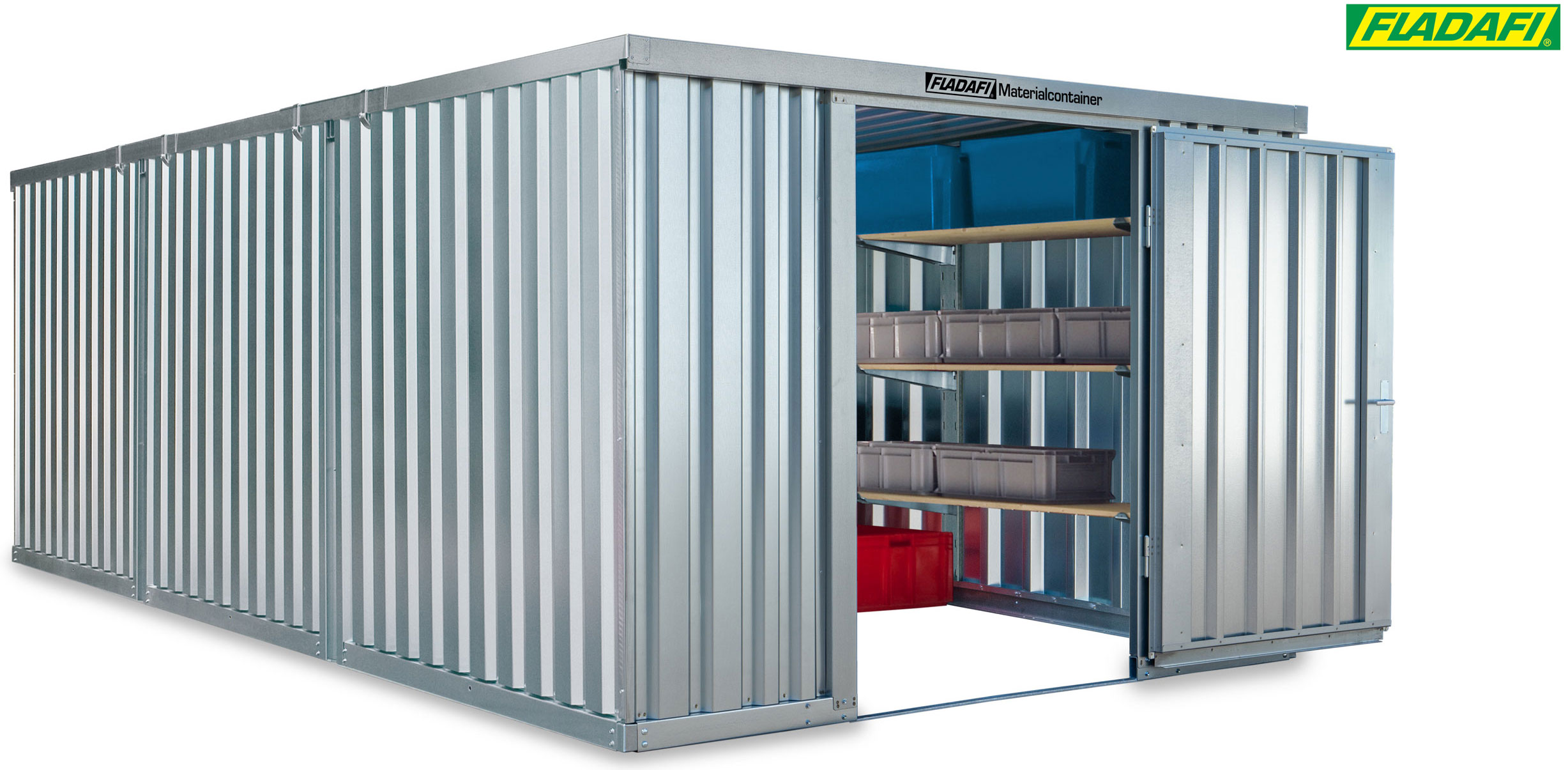FLADAFI Materialcontainer Kombination 3050 x 6520 x 2150 mm ohne Holzboden - 1-flügelige Tür auf 3 m Seite Container MC 1360 mit Tür 1270 x 1890 mm - Container Kombi 18 m² - Lagercontainer unmontiert (SB-F13630101) Bild-01
