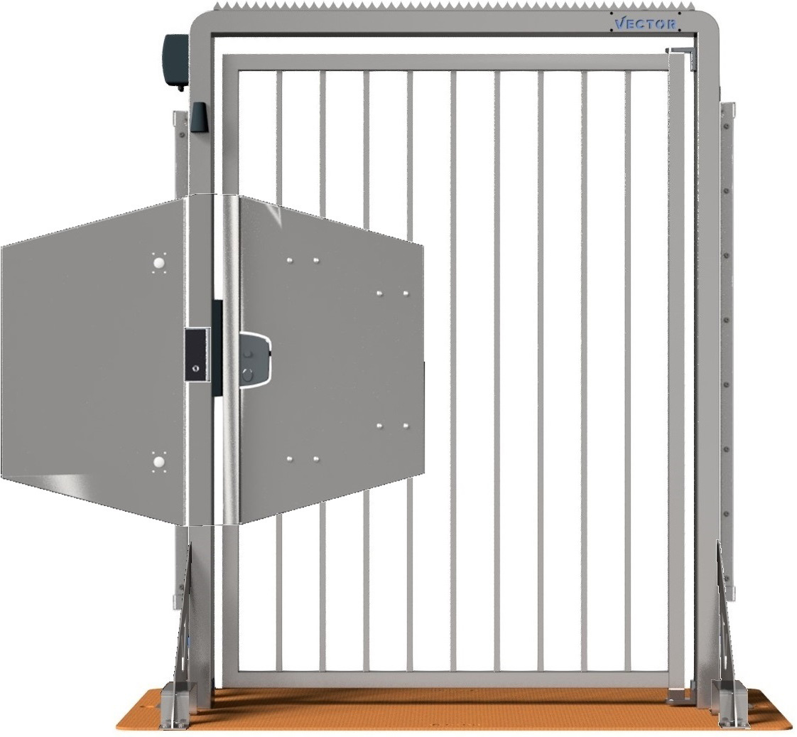 Schake Vector V-Door-Steelplate verzinkt - Knauf - lokale einseitige Zutrittskontrolle - Doppelstabzaunmodul Durchgangstür mobil mit Stahlplatte zur Geländesicherung - Stahl verzinkt mit Türknauf und mit lokaler Zutrittskontrolle (SK-VPDO22VED0264) Bild-0