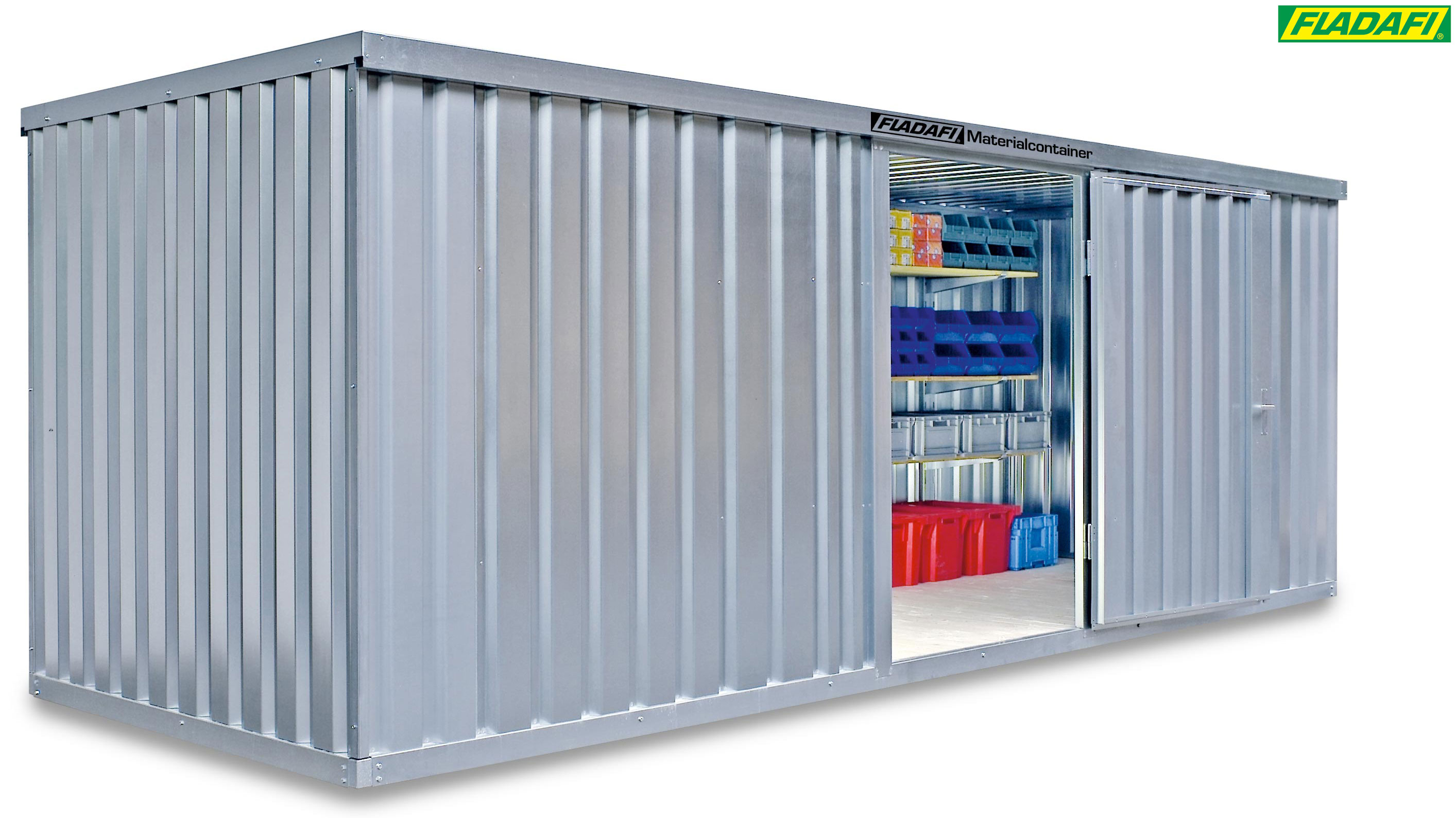 FLADAFI Materialcontainer 6080 x 2170 x 2150 mm mit Holzboden - 1-flügelige Tür auf 6 m Seite Container MC 1600 mit Tür 1270 x 1890 mm - Lagercontainer 12 m² unmontiert (SB-F16200101) Bild-01