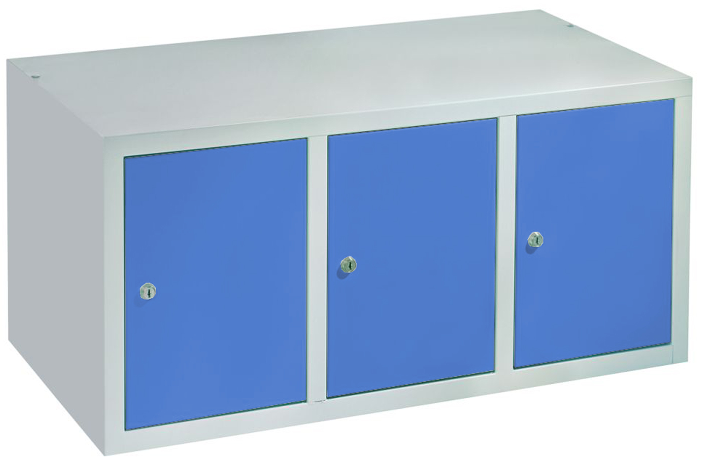 Pavoy Spind Aufsatz 395 x 900 x 500 mm - 3 Abteile mit Zylinderschloss - RAL 7035 | 5012 Garderobenschrank Aufsatz Stahl Fachbreite 300 mm - Korpus lichtgrau | Türen lichtblau (PA-63268-313-001-735512) Bild-01