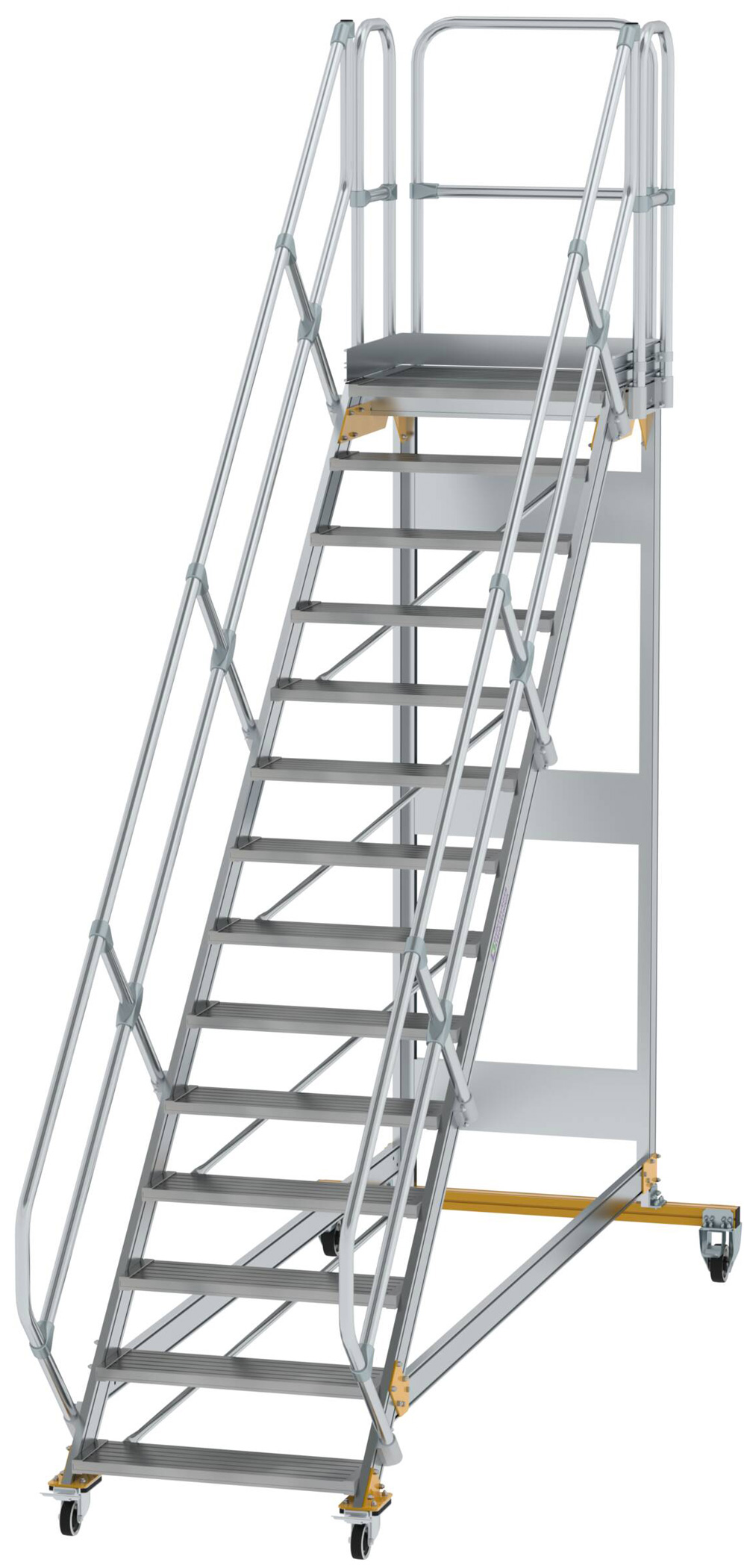 Günzburger Podesttreppe fahrbar 45° 14 Stufen - 800 mm breit Alutreppe fahrbar mit Umlaufgeländer - Stufenausführung Alu gerieft (GB-600794) Bild-01