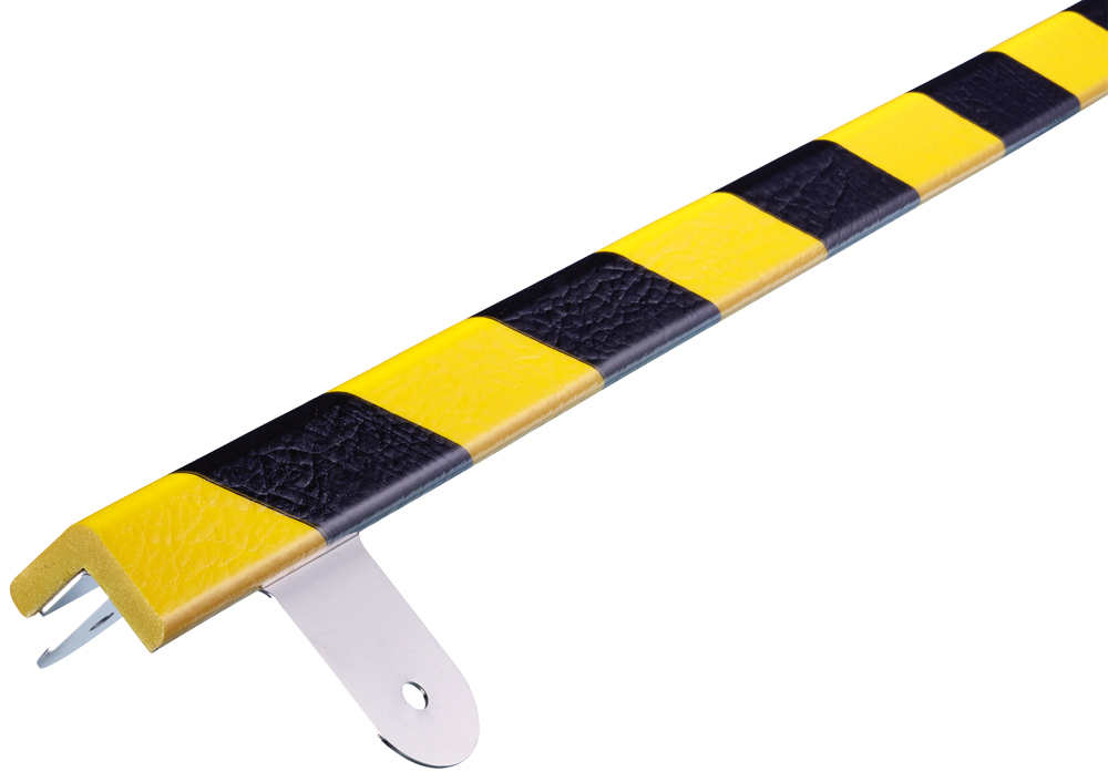 Knuffi Schutzprofil Kit Typ E 16 x 26 mm gelb | schwarz PU - 1,00 m Warnschutz Profil L-Winkel aus Polyurethan - Eckprofil gestreift mit Befestigungswinkel Edelstahl (SM-WPE-15723) Bild-01