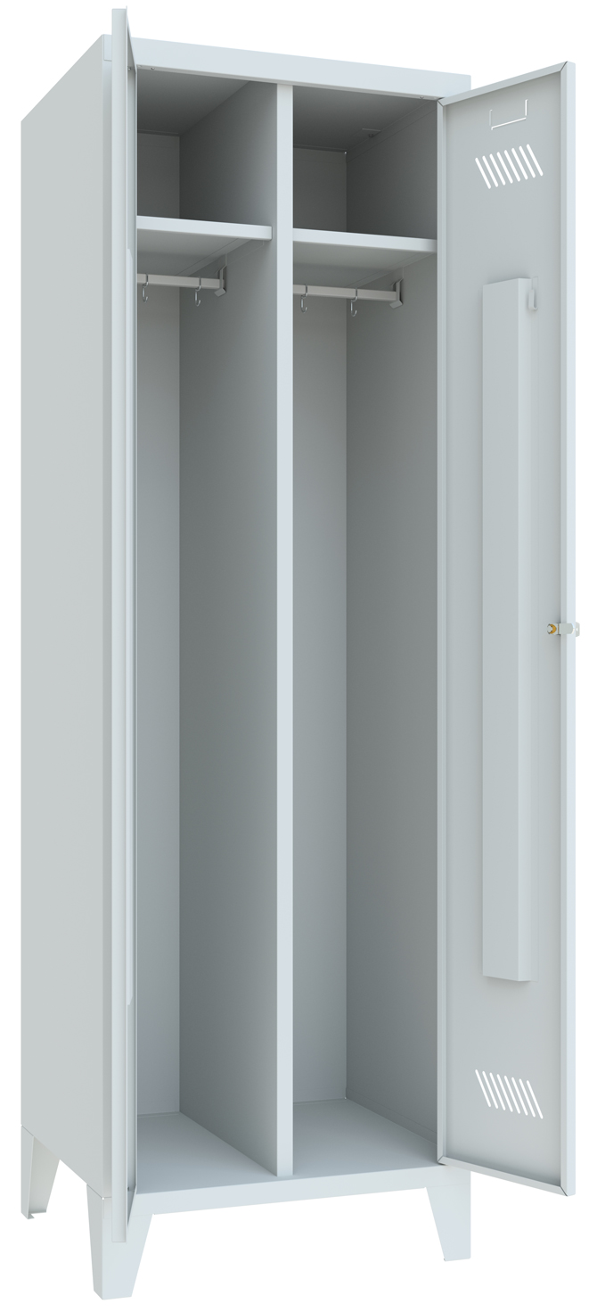 Pavoy Spind mit Füßen 1850 x 1170 x 500 mm - 2 Doppel-Abteile mit Zylinderschloss - RAL 7035 Garderobenschrank Stahl Fachbreite 600 mm mit Hutboden und Kleiderstange - Korpus lichtgrau | Türen lichtgrau (PA-20201-413-331-735) Bild-01