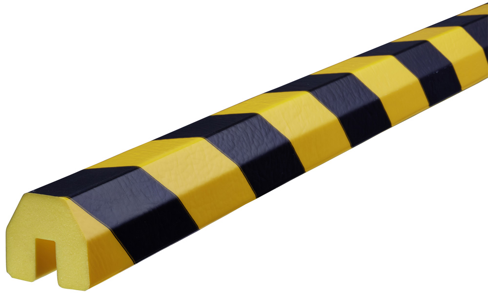 Knuffi Kantenschutzprofil Typ BB 40 x 36 mm gelb | schwarz PU - 5,00 m Standard Warnschutz Profil Sechskantprofil mit U-Aussparung aus Polyurethan - Randprofil gestreift mit selbstklebenden Kanten (SM-PB-14021) Bild-01