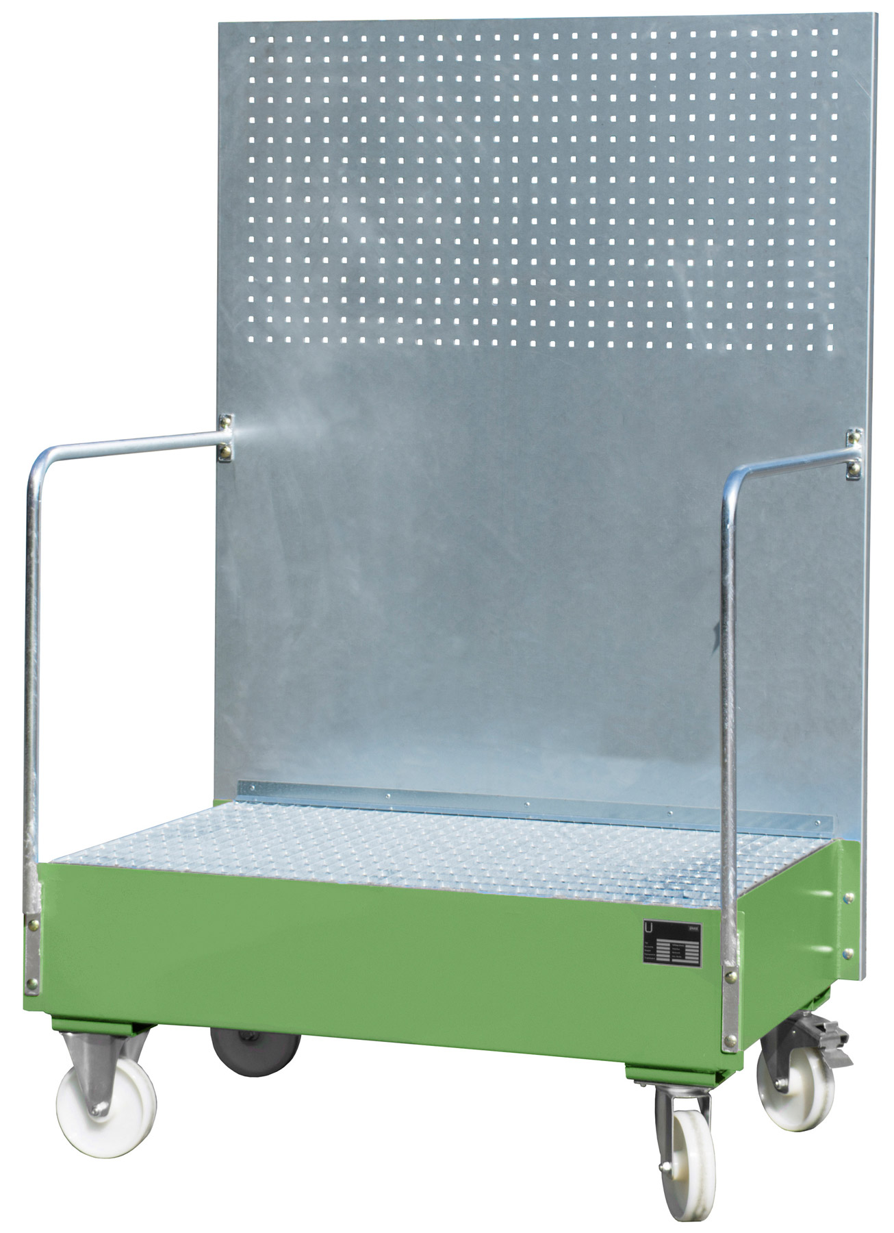 Bauer Auffangwanne fahrbar Stahl LPW 200-2 - RAL 6011 Gefahrstoffwanne mobil resedagrün pulverbeschichtet mit Gitterrost - Stahlwanne für 2 Fässer 200 Liter (BA-4447-59-0000-4) Bild-01