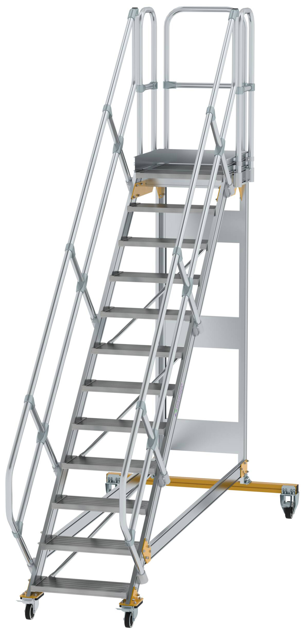 Günzburger Podesttreppe fahrbar 45° 12 Stufen - 600 mm breit Alutreppe fahrbar mit Umlaufgeländer - Stufenausführung Alu gerieft (GB-600772) Bild-01