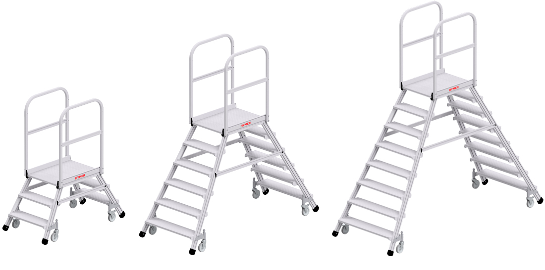 Hymer Podesttreppe fahrbar 2x3 - 2x8 Stufen Treppe nach DIN EN 131-7 - mit Podestgeländer beidseitig (HY-C-618903) Bild-01