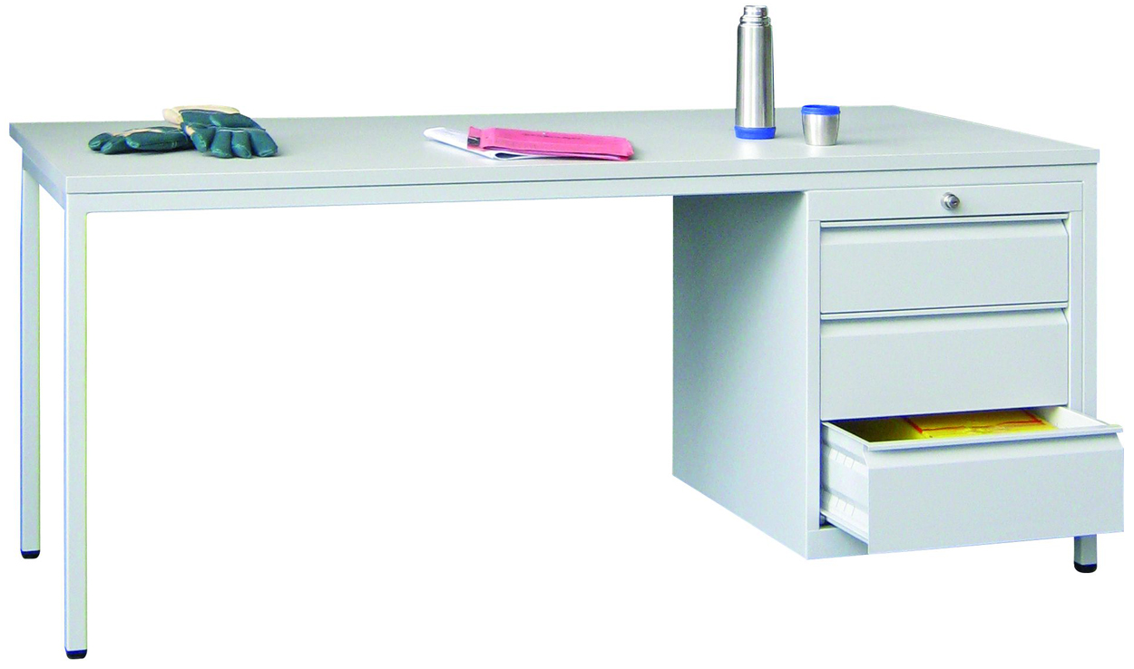Pavoy Werkstatttisch Modell 006 - 1700 x 800 x 720 mm | mit 1 x 3 Schubladen - RAL 7035 Schreibtisch Stahl mit Multiplexplatte 25 mm - 1 Schubladenblock | Traglast 150 kg - Gestell lichtgrau  (PA-78785-170-006-735) Bild-01