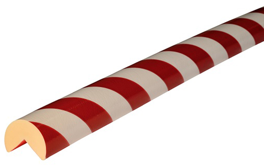 Knuffi Eckschutzprofil Typ A Ø 40 mm rot | weiß PU - 1,00 m Standard Warnschutz Profil Rundprofil mit Winkelaussparung aus Polyurethan - Eckprofil gestreift mit selbstklebenden Kanten (SM-PA-10110) Bild-01