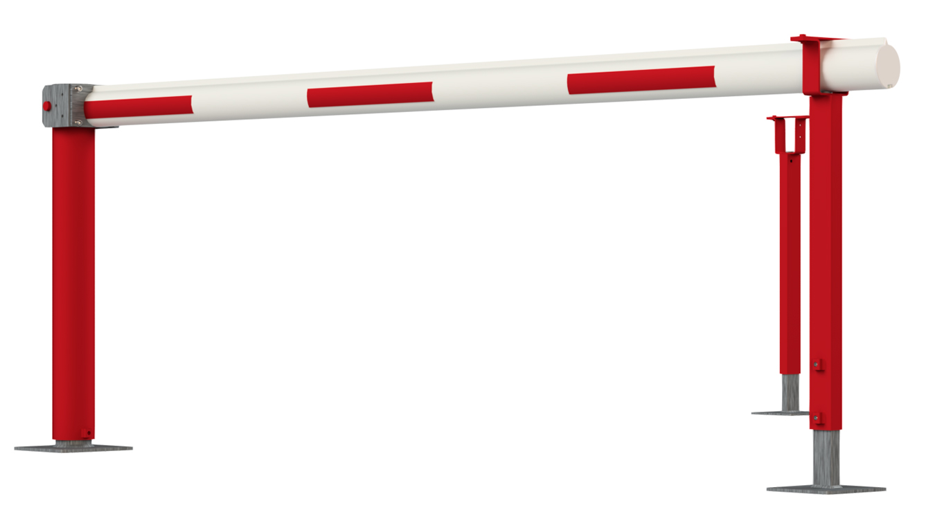 Mannus Kardansperre WES 215 rot | weiß mit 2 Auflagestützen 3,50 m - mit Vorhangschloss Wegeschranke oval 102 x 82 mm dreh- und schwenkbar ortsfest zum Aufdübeln - Pfosten Stahl | Sperrbalken Alu (MA-3-215-3500-0007-VS) Bild-01