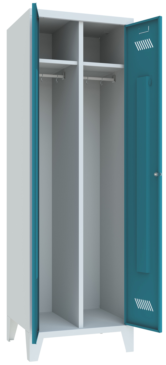 Pavoy Spind mit Füßen 1850 x 600 x 500 mm - 1 Doppel-Abteil mit Drehriegel - RAL 7035 | 5012 Garderobenschrank Stahl Fachbreite 600 mm mit Hutboden und Kleiderstange - Korpus lichtgrau | Türen lichtblau (PA-20201-213-332-735512) Bild-01