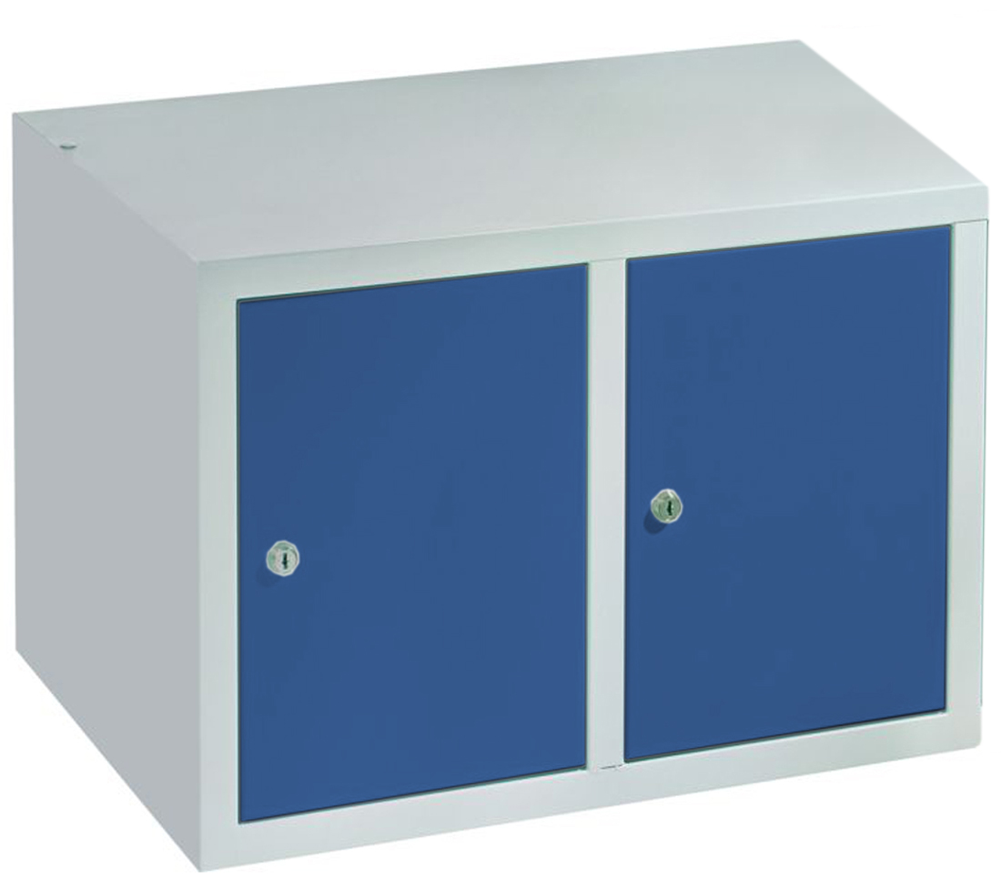 Pavoy Spind Aufsatz 395 x 800 x 500 mm - 2 Abteile mit Zylinderschloss - RAL 7035 | 5010 Garderobenschrank Aufsatz Stahl Fachbreite 400 mm - Korpus lichtgrau | Türen enzianblau (PA-63268-214-001-735510) Bild-01