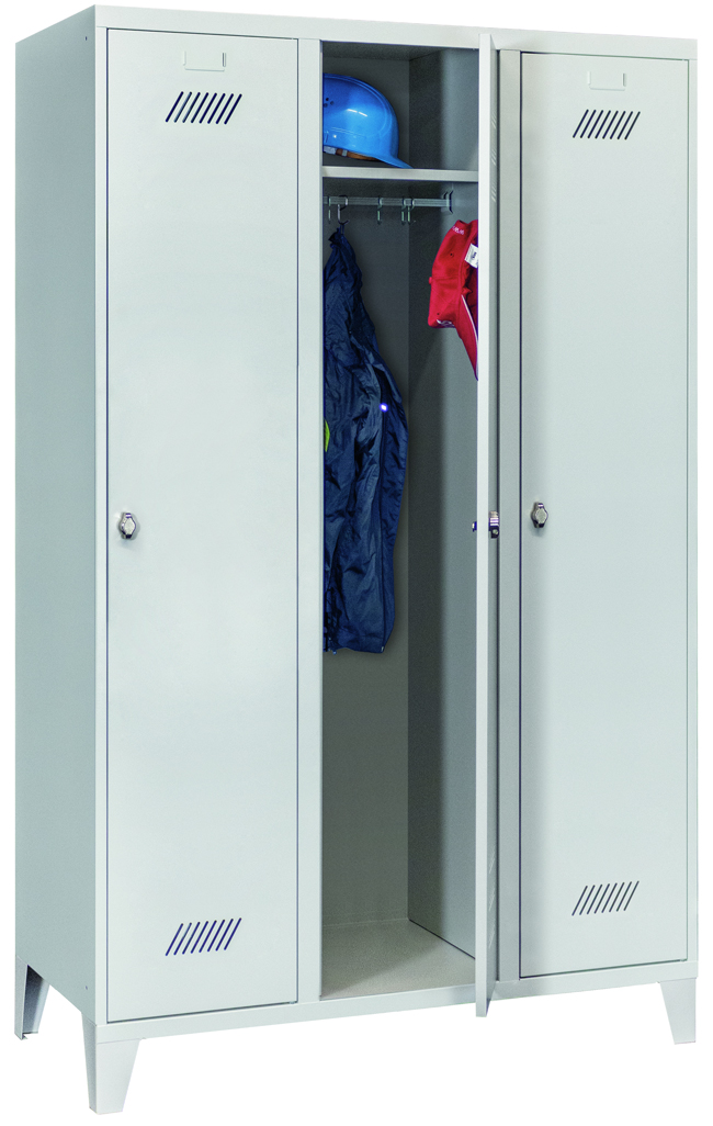 Pavoy Spind mit Füßen 1850 x 1200 x 500 mm - 3 Abteile mit Drehriegel - RAL 7035 Garderobenschrank Stahl Fachbreite 400 mm mit Hutboden und Kleiderstange - Korpus lichtgrau | Türen lichtgrau (PA-60201-314-032-735) Bild-01
