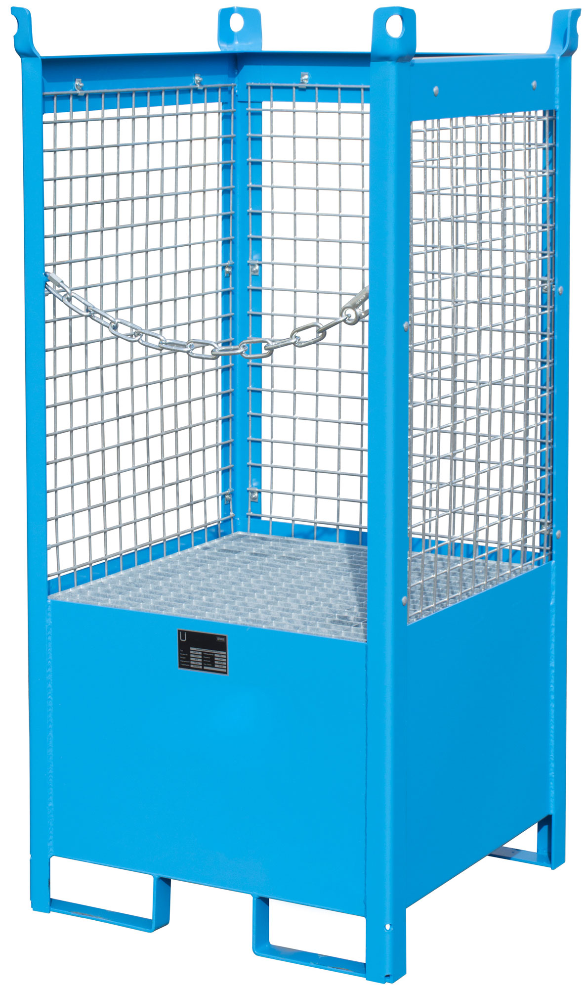 Bauer Fass-Stapelpalette Stahl FSP-1|D - RAL 5012 Transportgestell lichtblau pulverbeschichtet mit Auffangwanne und Drahtgitterwänden - Stapelgestell für 1 Fass 200 Liter (BA-4442-06-0000-3) Bild-01