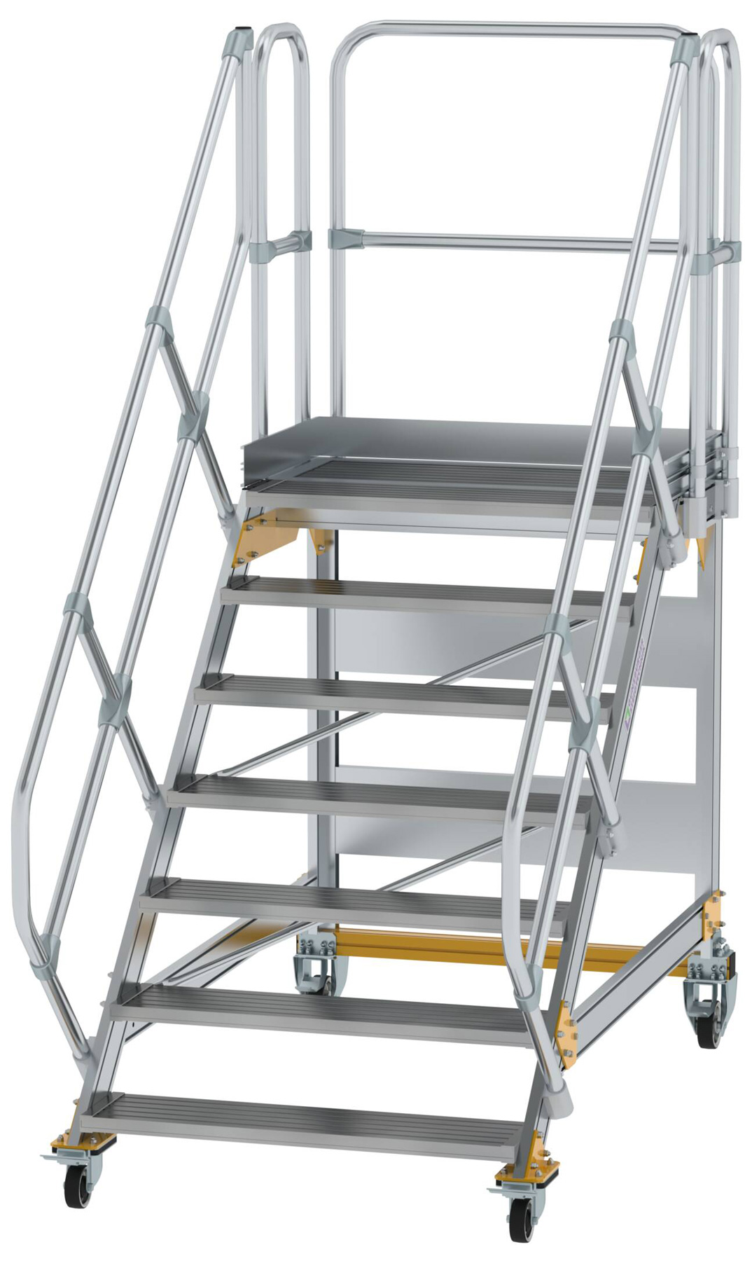 Günzburger Podesttreppe fahrbar 45° 7 Stufen - 1000 mm breit Alutreppe fahrbar mit Umlaufgeländer - Stufenausführung Alu gerieft (GB-600807) Bild-01