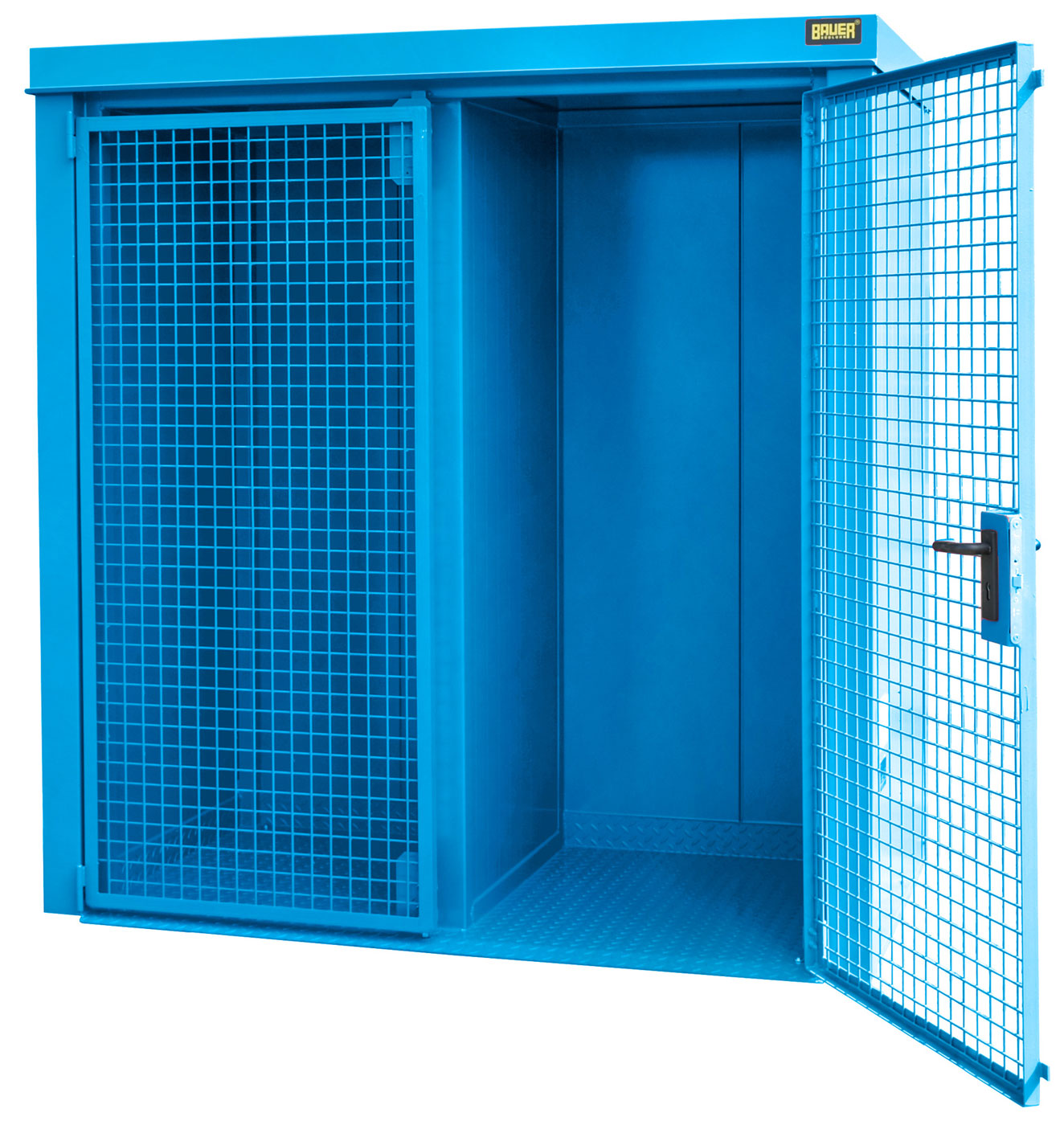 Bauer Gasflaschen-Container Stahl GFC-B|W M1 - RAL 5012 Gasflaschenlager lichtblau pulverbeschichtet mit F90 Trennwand, Tränenblechboden und Doppelflügeltor - Stahlschrank für 28 Flasche Ø 230 mm (BA-4477-31-1000-3) Bild-01