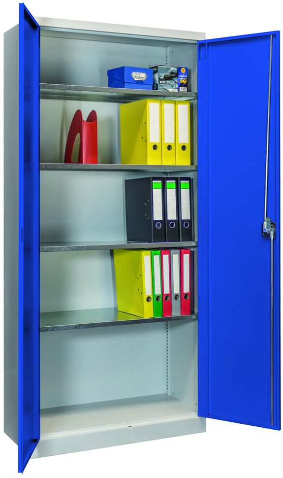 Pavoy Flügeltürenschrank Easy mit Sockel 1950 x 890 x 415 mm - 4 Fachböden - RAL 7035 | 5010 Werkstattschrank Stahl mit Fachböden verzinkt 870 x 370 mm - Korpus lichtgrau | Türen enzianblau (PA-31325-089-400-735510) Bild-01