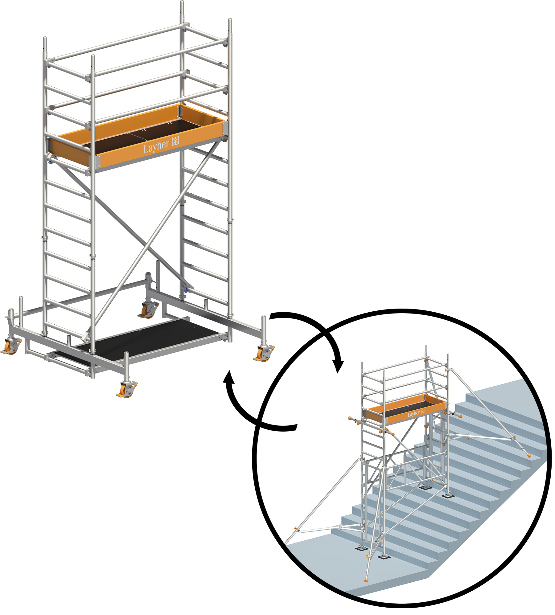 Rollgerüst Layher Uni Leicht P2 hawego PLUS - AH 4,26 m | 5,03 m Gerüst mit TreppenKit-Optimierung - Arbeitshöhe Fahrgerüst 4,26 m | Treppengerüst 5,03 m (LS-1403202-HP) Bild-01