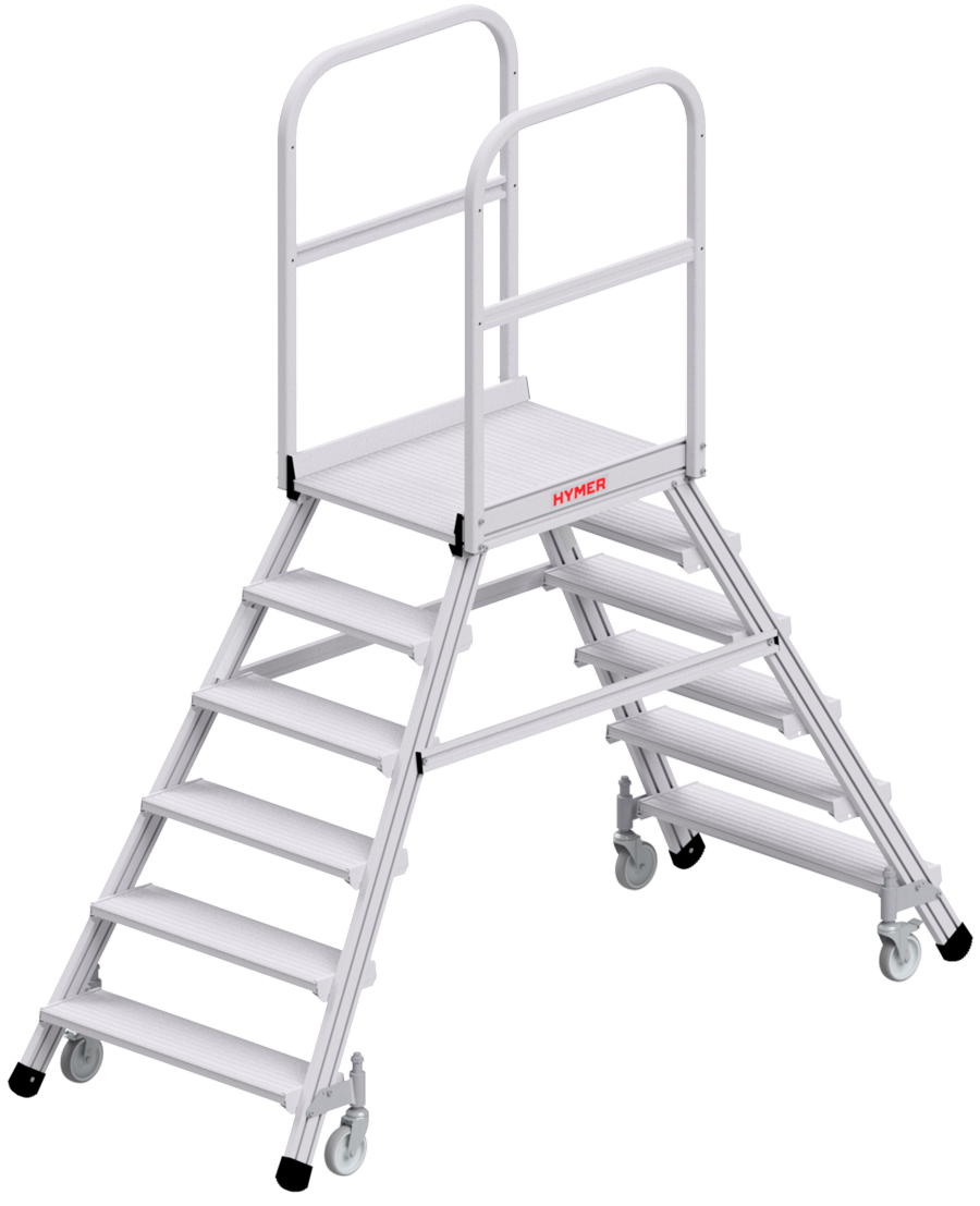 Hymer Podesttreppe fahrbar - 2x6 Stufen Treppe beidseitig begehbar - Plattform 600 x 800 mm | mit Podestgeländer beidseitig - nach DIN EN 131-7 (HY-618906) Bild-01