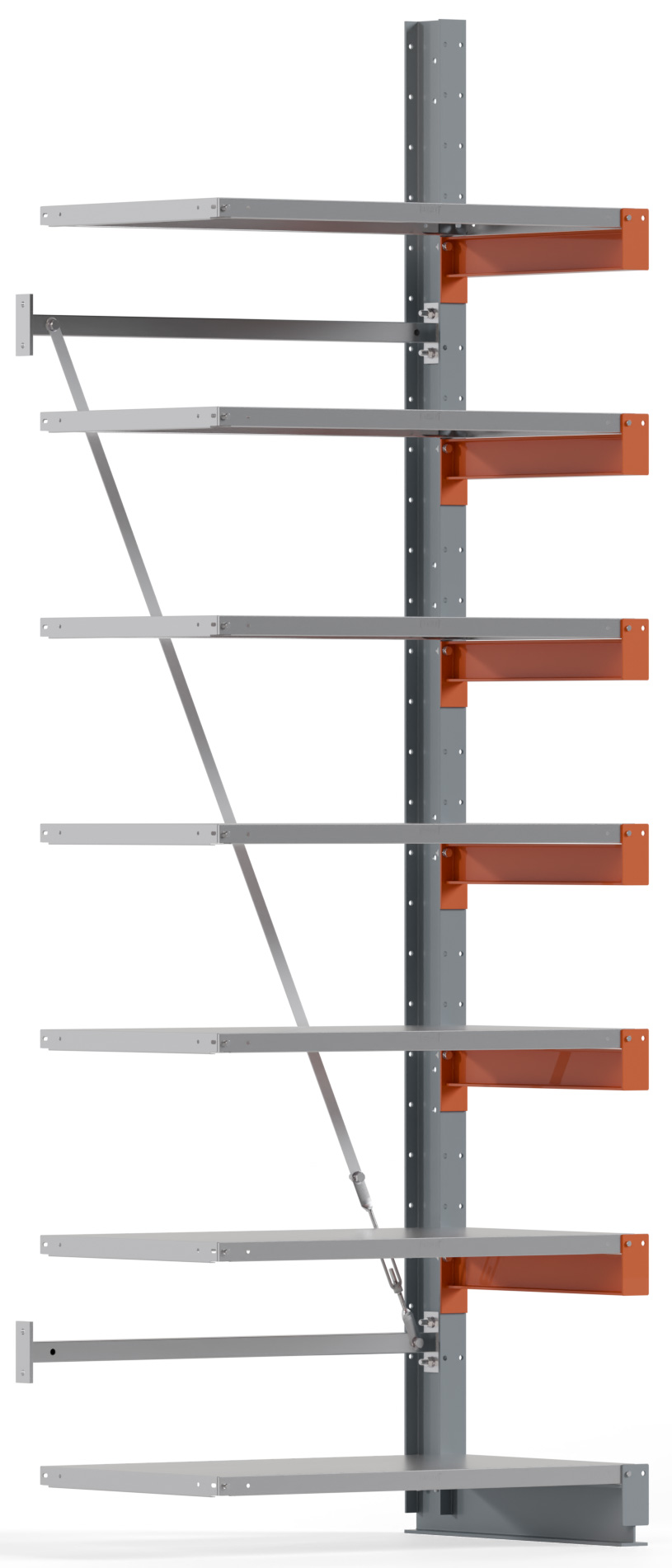 Regalwerk KARL BASIC 1550 Kragarmregal Stahlboden einseitig Anbaufeld 3000 x 1000 x 600 mm Lagerregal mit Kragarmlast 730 kg | Ständerlast 1550 kg - 7 Ebenen mit Fachböden | Kragarme frei verstellbar (RW-B6-54301-60) Bild-01