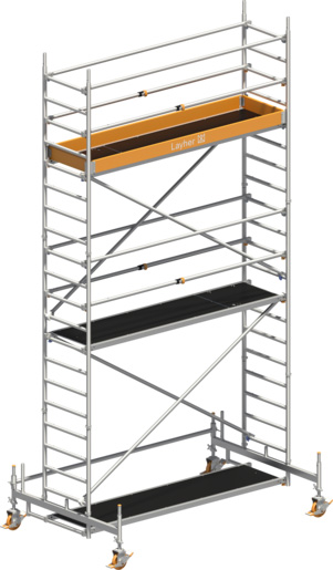 Fahrgerüst Layher Uni Standard P2 1411104 mit Telegeländer - Arbeitshöhe 6,35 m fahrbares Gerüst mit teleskopierbaren Geländern - Rollgerüst Sicherheitsaufbau P2 mit Fahrbalken (LS-1411104) Bild-01