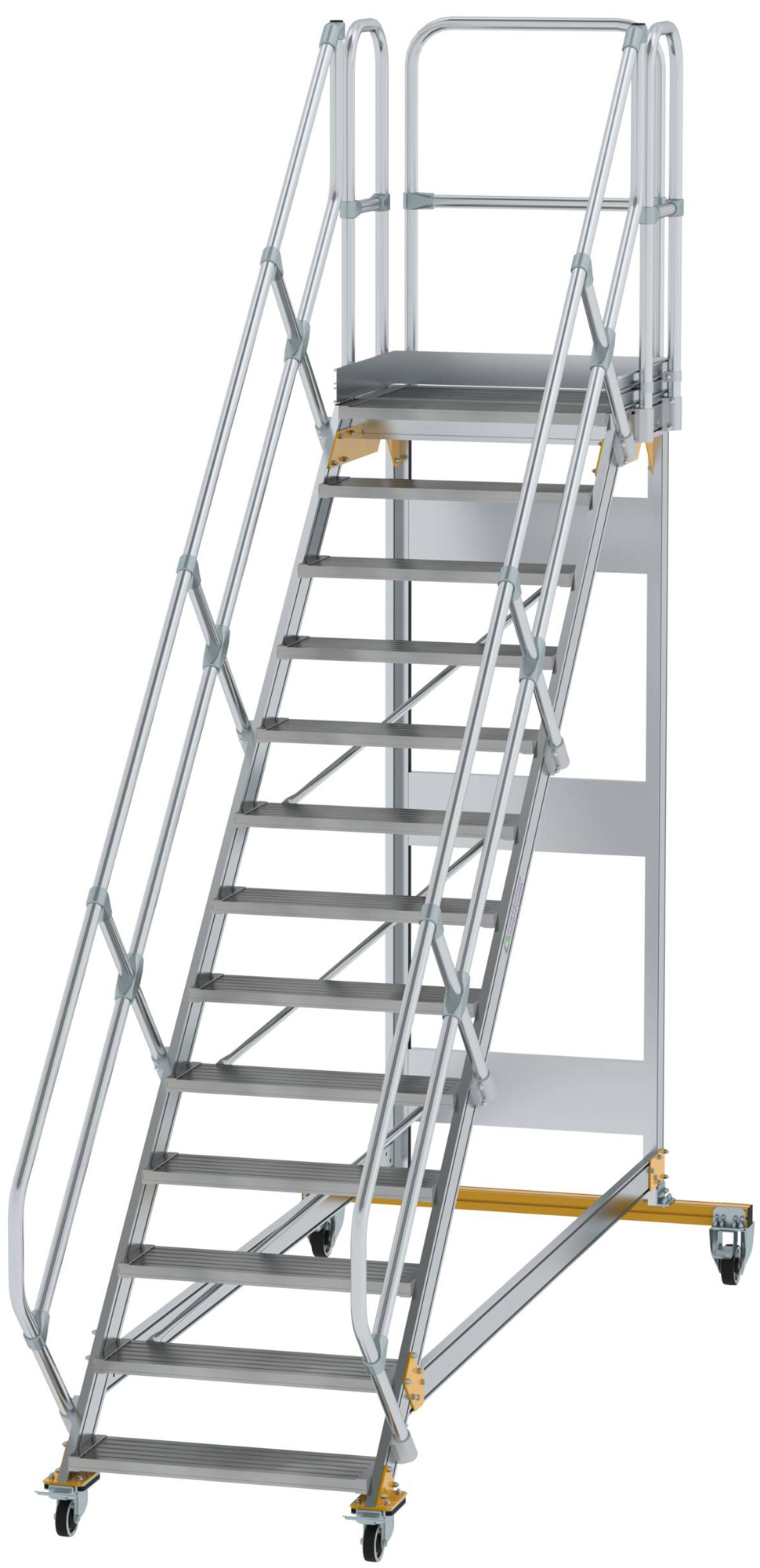 Günzburger Podesttreppe fahrbar 45° 13 Stufen - 800 mm breit Alutreppe fahrbar mit Umlaufgeländer - Stufenausführung Alu gerieft (GB-600793) Bild-01