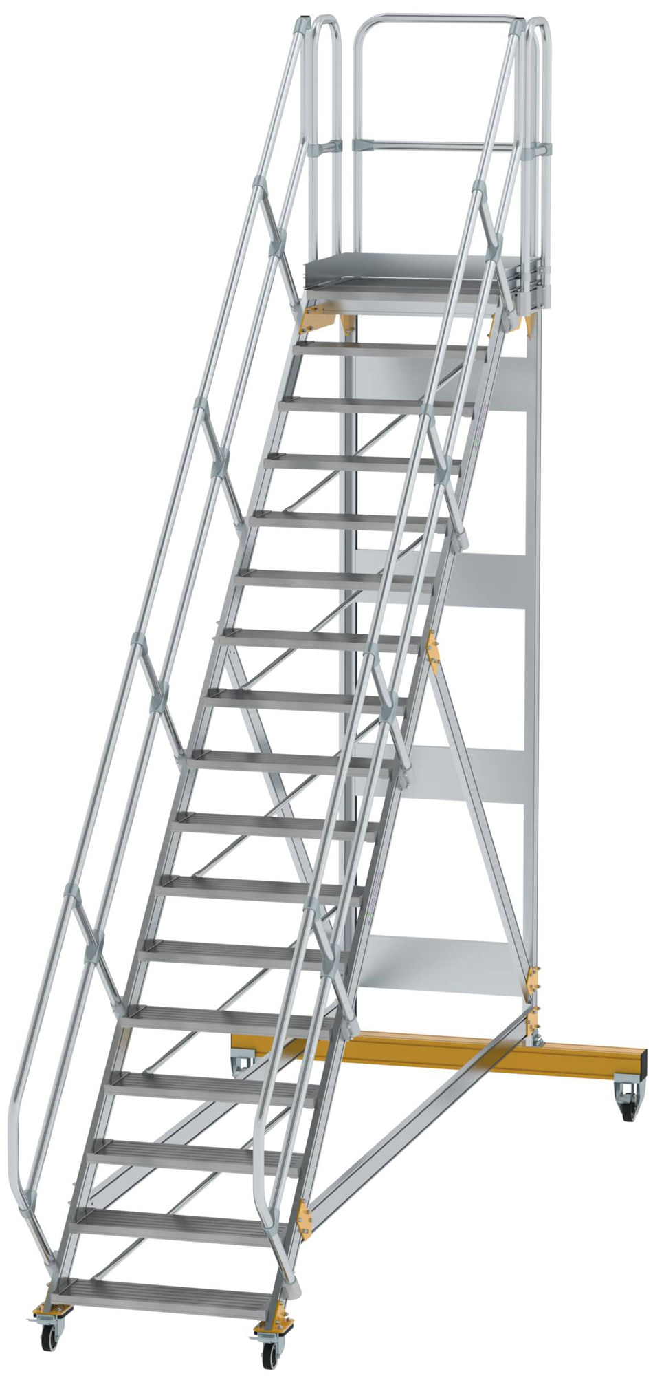 Günzburger Podesttreppe fahrbar 45° 17 Stufen - 800 mm breit Alutreppe fahrbar mit Umlaufgeländer - Stufenausführung Alu gerieft (GB-600797) Bild-01