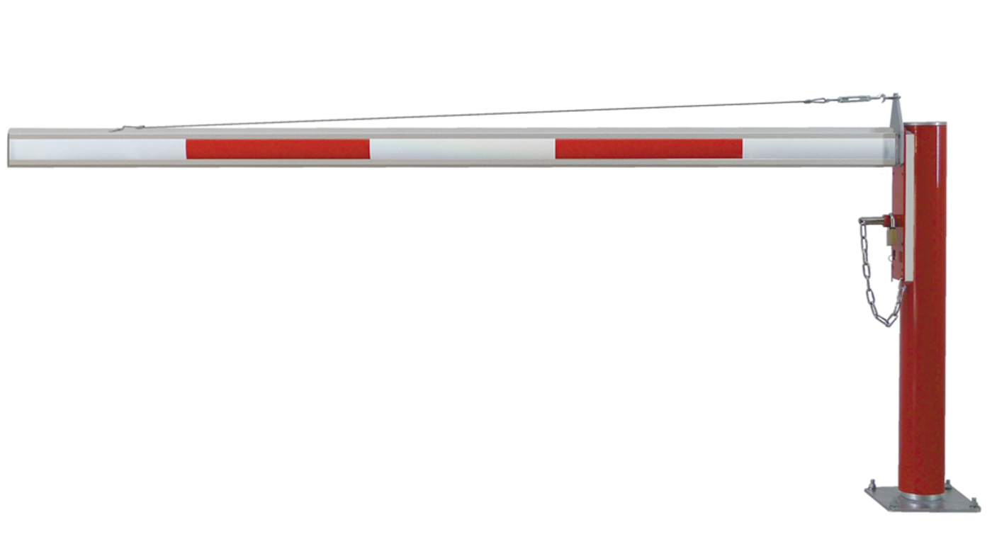 Mannus Drehschranke WES 125 rot | weiß mit Sperrbalken 3,00 m - mit Vorhangschloss Wegeschranke eckig 86 x 46 mm mit Seilverstärkung ortsfest zum Aufdübeln - Pfosten Stahl | Sperrbalken Alu (MA-3-125-3000-0005-VS) Bild-01