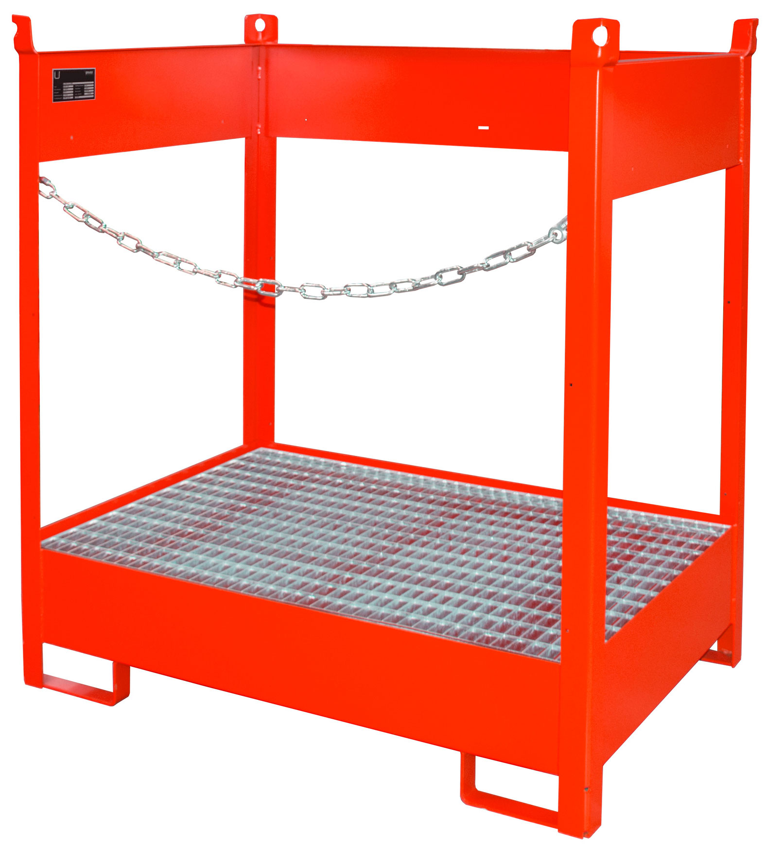 Bauer Fass-Stapelpalette Stahl FSP 2 - RAL 3000 Transportgestell feuerrot pulverbeschichtet mit Auffangwanne seitlich geöffnet - Stapelgestell für 2 Fässer 200 Liter (BA-4442-04-0000-2) Bild-01