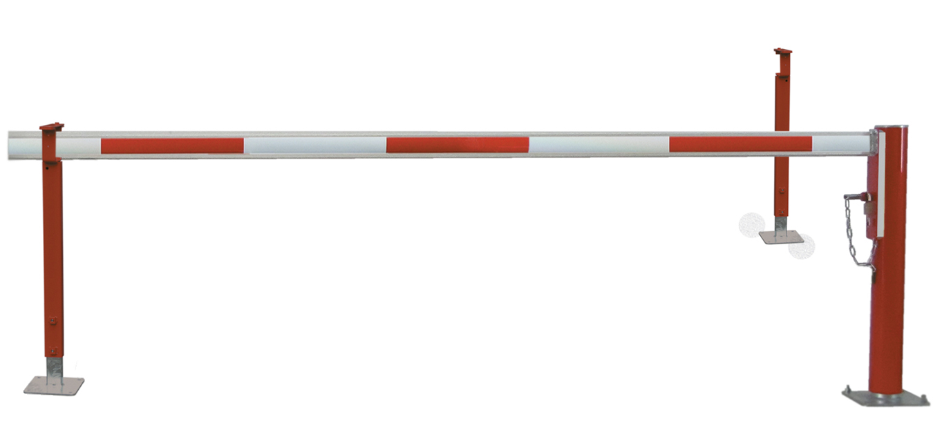 Mannus Drehschranke WES 105 rot | weiß mit Sperrbalken und 2 Auflagestützen 2,00 m - mit Vorhangschloss Wegeschranke eckig 86 x 46 mm ortsfest zum Aufdübeln - Pfosten Stahl | Sperrbalken Alu (MA-3-105-2000-0003-VS) Bild-01