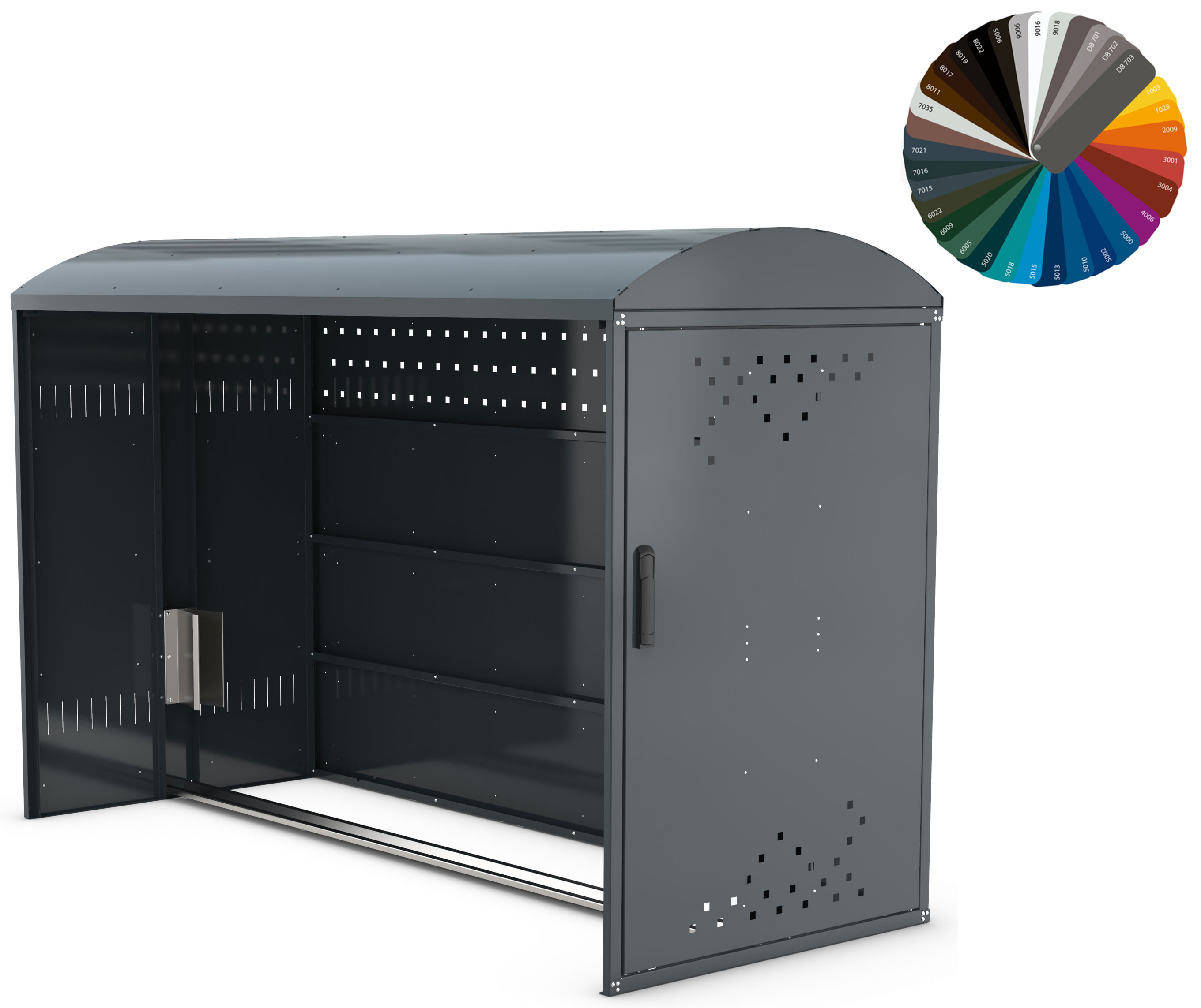 WSM Fahrradgarage BikeBox 1 B - Anbaueinheit mit Seitenwand - RAL nach Wahl Fahrradbox Anbauelement mit Einstellschiene - pulverbeschichtet RAL-Farbton nach Wahl - Stahlbox mit Tür und Zylinderschloss (WSM-122000026) Bild-01