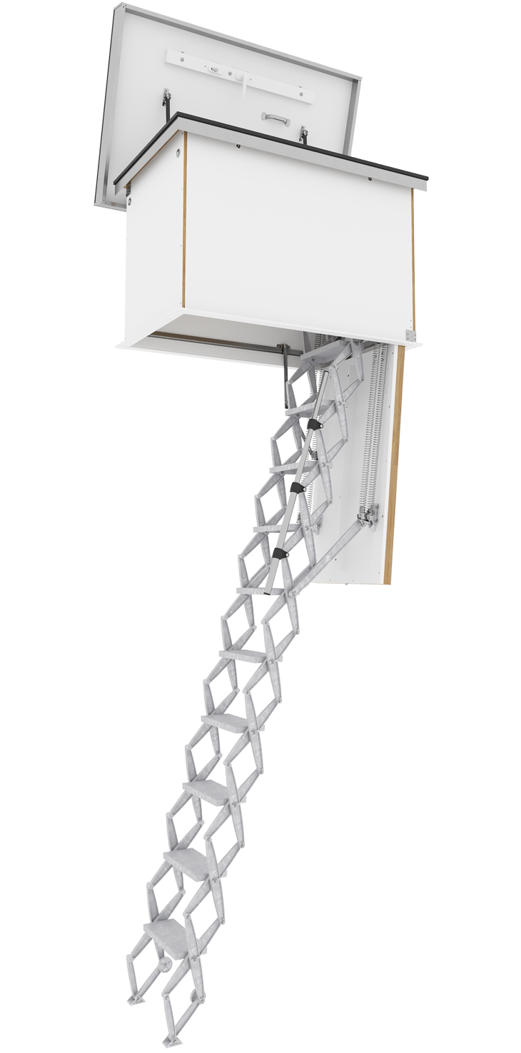 Roto Dachlukentreppe Scherentreppe Aluminium Exklusiv Raumhöhe 220 - 309 cm | Rohbaumaß 120 x 60 cm Flachdachausstieg mit Schnappriegelverschluss | 0,27 W/m²K mit Lukendeckel 62 mm Stärke (RT-C211-64805) Bild-01