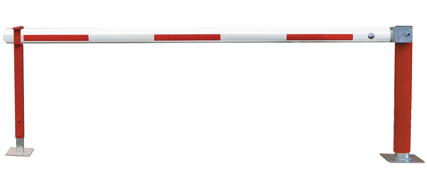 Mannus Kardansperre WES 215 rot | weiß mit 2 Auflagestützen 3,00 m - mit Vorhangschloss Wegeschranke oval 102 x 82 mm dreh- und schwenkbar ortsfest zum Aufdübeln - Pfosten Stahl | Sperrbalken Alu (MA-3-215-3000-0009-VS) Bild-01