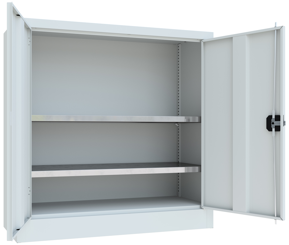 Pavoy Flügeltürenschrank mit Vollblechtüren 1000 x 1000 x 400 mm - 2 Fachböden verzinkt - RAL 7035 Stahlschrank mit Fachböden 983 x 365 mm - Korpus lichtgrau | Türen lichtgrau | Böden verzinkt (PA-31309-100-400-735) Bild-01