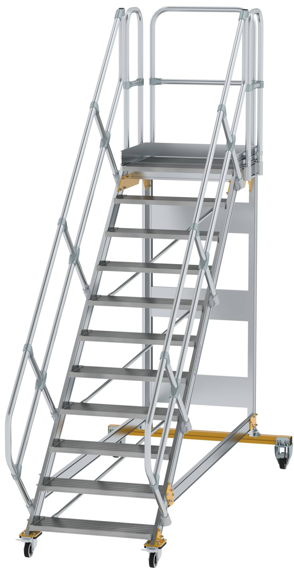 Günzburger Podesttreppe fahrbar 45° 11 Stufen - 800 mm breit Alutreppe fahrbar mit Umlaufgeländer - Stufenausführung Alu gerieft (GB-600791) Bild-01