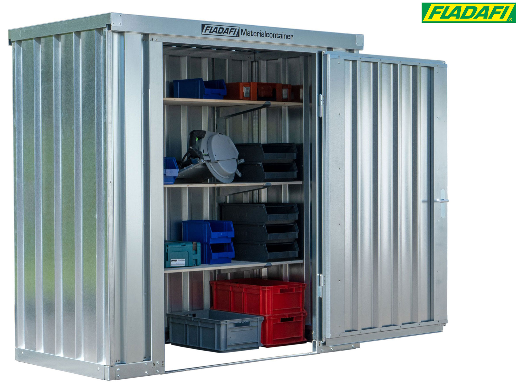 FLADAFI Materialcontainer 2100 x 1140 x 2150 mm ohne Boden - 1-flügelige Tür auf 2 m Seite Container MC 1100 mit Tür 1270 x 1890 mm - Lagercontainer 2 m² unmontiert (SB-F10210101) Bild-01