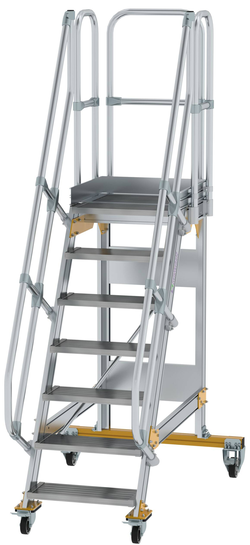 Günzburger Podesttreppe fahrbar 60° 7 Stufen - 600 mm breit Alutreppe fahrbar mit Umlaufgeländer - Stufenausführung Alu gerieft (GB-600707) Bild-01