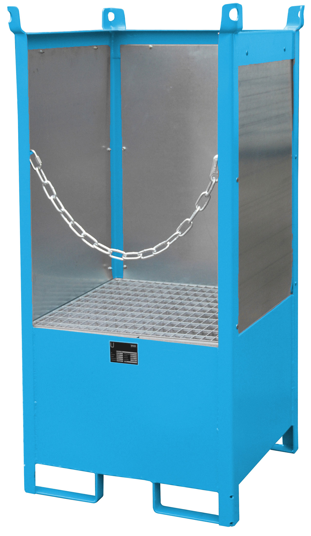 Bauer Fass-Stapelpalette Stahl FSP-1|G - RAL 5012 Transportgestell lichtblau pulverbeschichtet mit Auffangwanne und Spritzschutzwand - Stapelgestell für 1 Fass 200 Liter (BA-4442-09-0000-3) Bild-01
