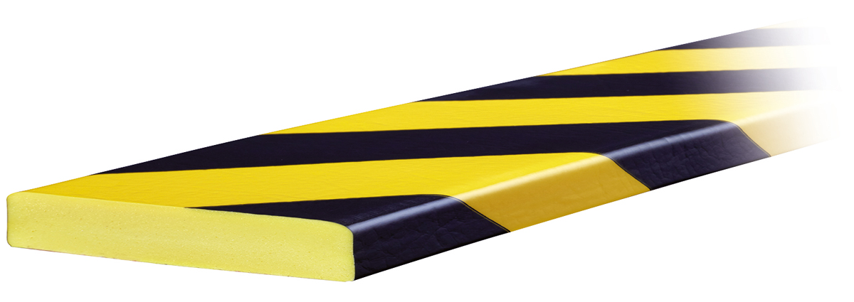 Knuffi Wandschutz Profil Typ Giant 150 x 20 mm gelb | schwarz PU - 2,50 m Standard Warnschutz Profil Flachleiste extra breit aus Polyurethan - Flächenprofil gestreift mit selbstklebender Fläche (SM-GI-109) Bild-01
