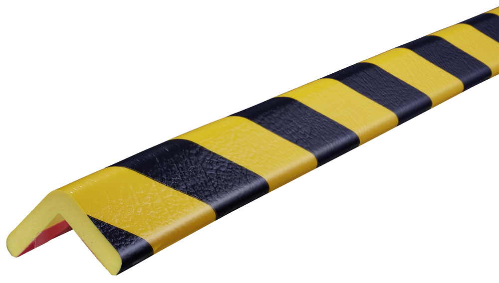 Knuffi Eckschutzprofil Typ H 45 x 45 mm gelb | schwarz PU - 5,00 m Standard Warnschutz Profil L-Winkel aus Polyurethan - Eckprofil gestreift mit selbstklebenden Kanten (SM-PH-10027) Bild-01