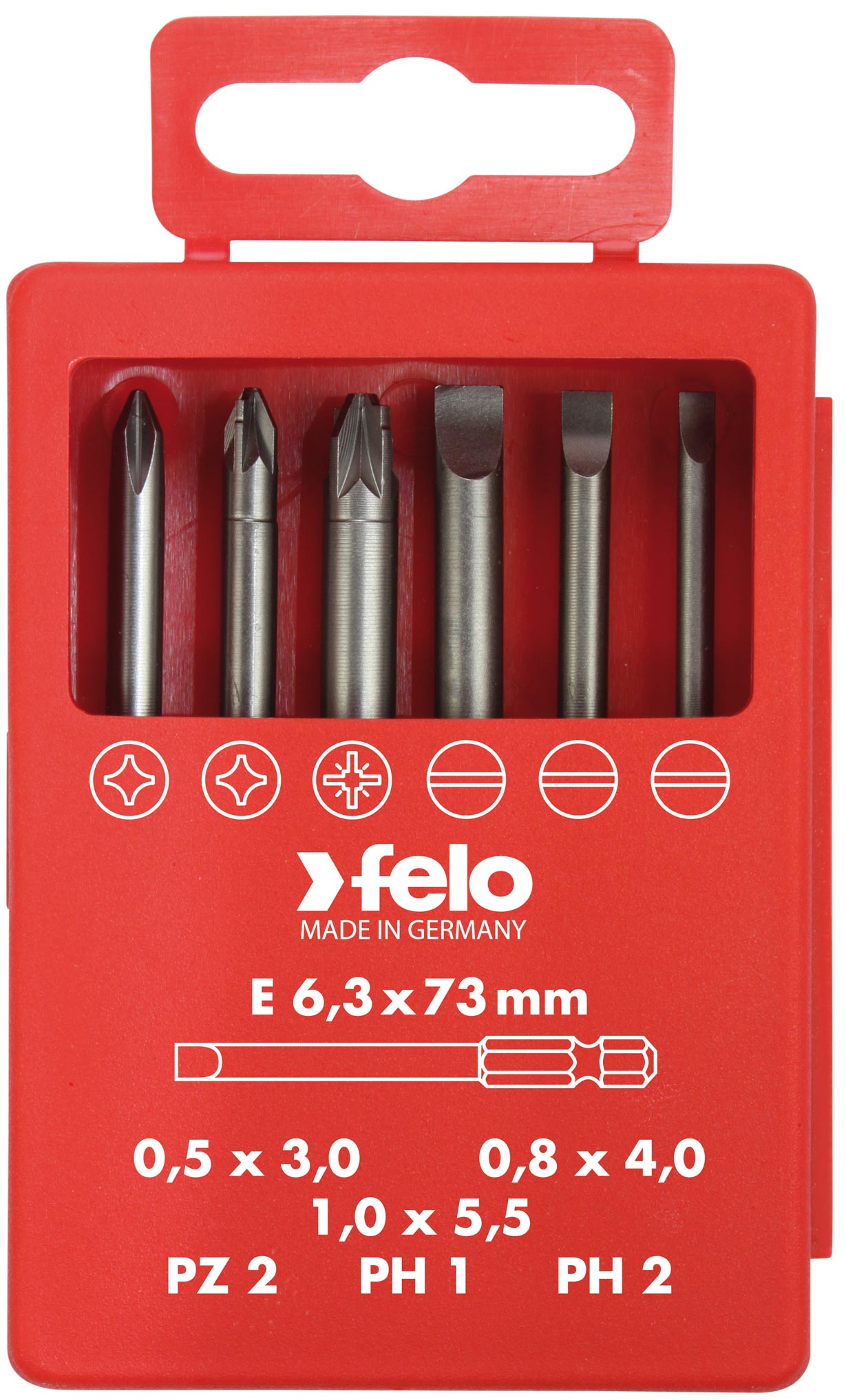 Felo Profi Bit-Box 6-teilig Industrie E 6,3 x 73 mm Universal Bit Set - SL 3,0 | SL 4,0 | SL 5,5 | PZ 2 | PH 1 | PH 2 (FL-03092716) Bild-01