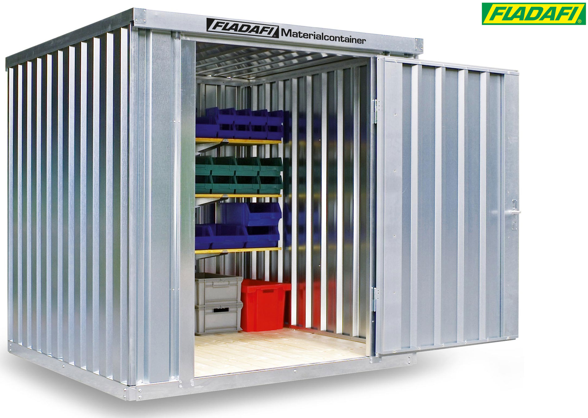 FLADAFI Materialcontainer 2100 x 2170 x 2150 mm mit Holzboden - 1-flügelige Tür auf 2 m Seite Container MC 1200 mit Tür 1270 x 1890 mm - Lagercontainer 4 m² unmontiert (SB-F12200101) Bild-01