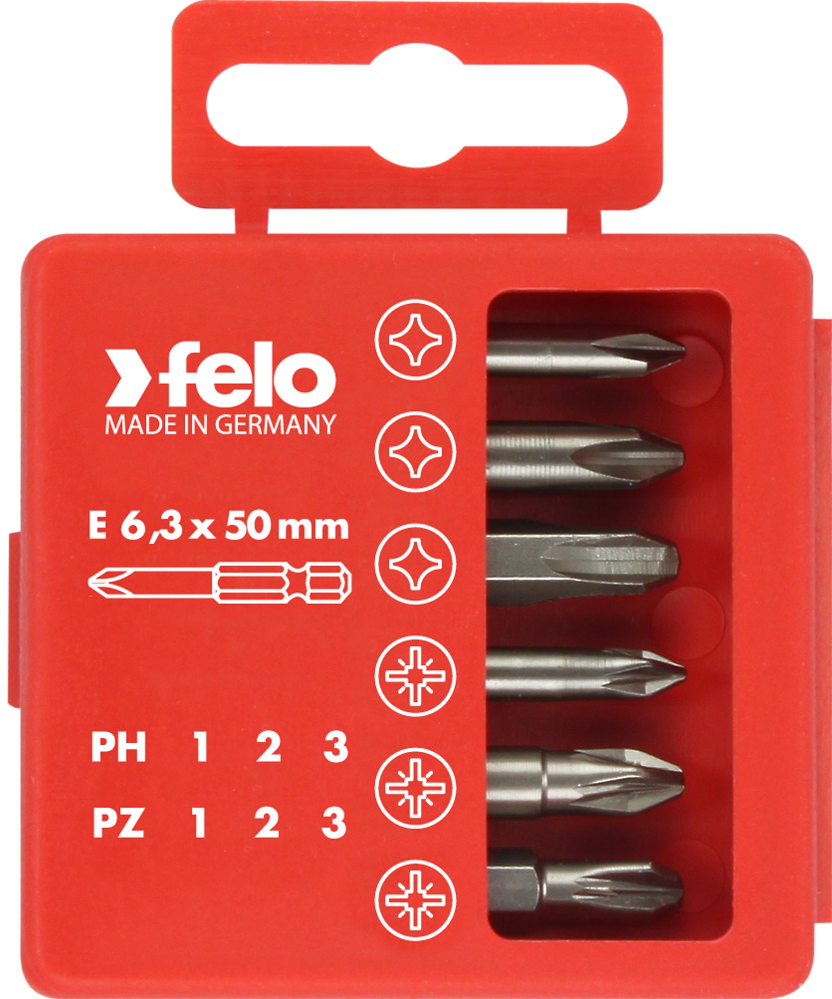 Felo Profi Bit-Box 6-teilig Industrie E 6,3 x 50 mm Kreuzschlitz PZ | PH Bit Set - PZ 1 | PZ 2 | PZ 3 | PH 1 | PH 2 | PH 3 (FL-03291516) Bild-01