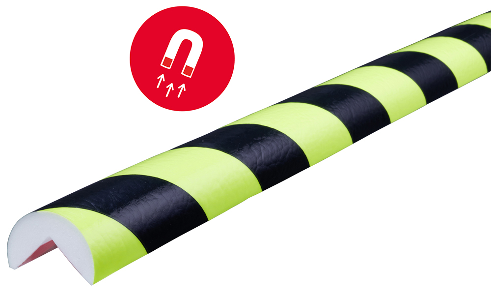 Knuffi Eckschutzprofil Typ A Ø 40 mm neon | schwarz PU - 1,00 m Magnetic Warnschutz Profil Rundprofil mit Winkelaussparung aus Polyurethan - Eckprofil gestreift mit magnetischen Kanten (SM-PA-5040) Bild-01